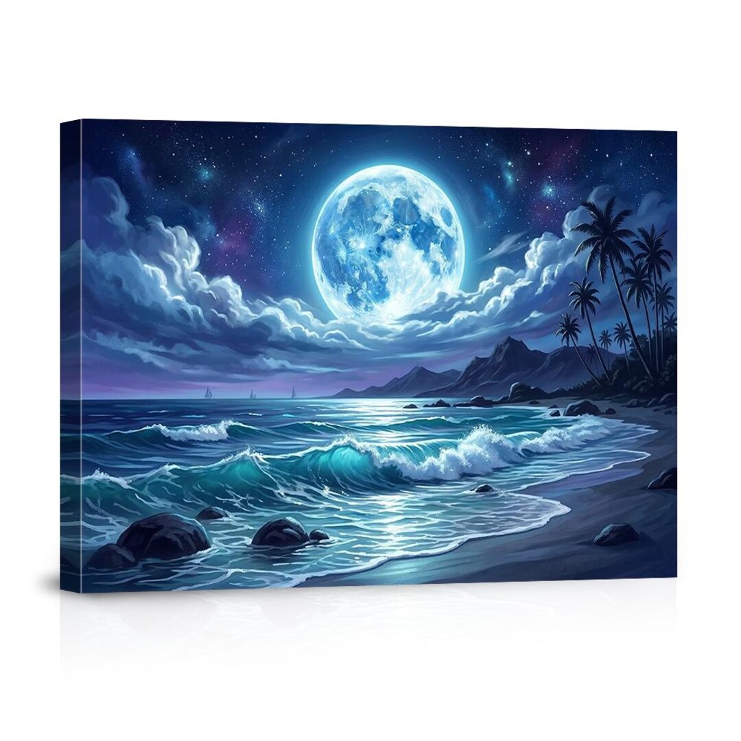 Full Moon Tropical Beach Canvas Wall Art – Serene Coastal Night Decor ...