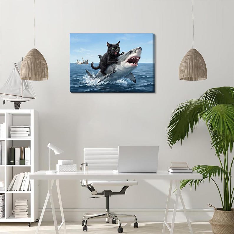 Funny Black Cat Riding Shark Poster Art, Humorous Ocean Animal Canvas ...
