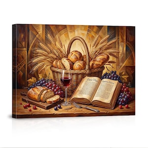 May include: A still life painting featuring a basket of bread, wheat stalks, and a glass of red wine. Grapes, a cutting board with bread slices, and an open book with the text "Panis Vitae, Sapientia Aeterna" are also present.