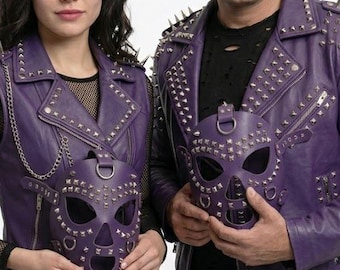 Máscara punk de cuero de vaca hecha a mano con pinchos plateados, máscara de cosplay gótica violeta personalizada,