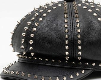 Black Genuine Leather Spiked Newsboy Cap Punk Rock Studded Biker Hat Goth Festival Headwear