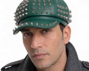 Handmade Spiked Leather Biker Cap, Made To Order Studded Military Hat,