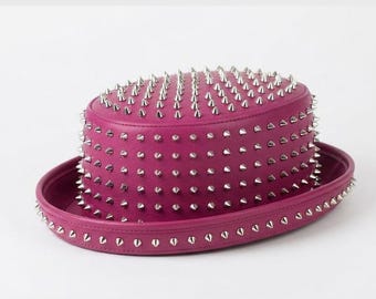 Magenta Leather Spiked Hat Punk Rock Festival Fashion Statement Head Wear Accessory