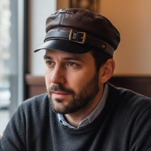 Puede incluir: Gorra de estilo newsboy de cuero marrón con visera negra y hebilla dorada. La gorra la lleva una persona que viste un jersey gris y una camisa celeste con cuello.