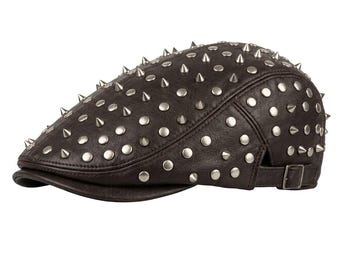 Newsboy Cap Punk Rock Style Pure Leather Spiked Ivy Hat  Adjustable Winter Fashion Accessory