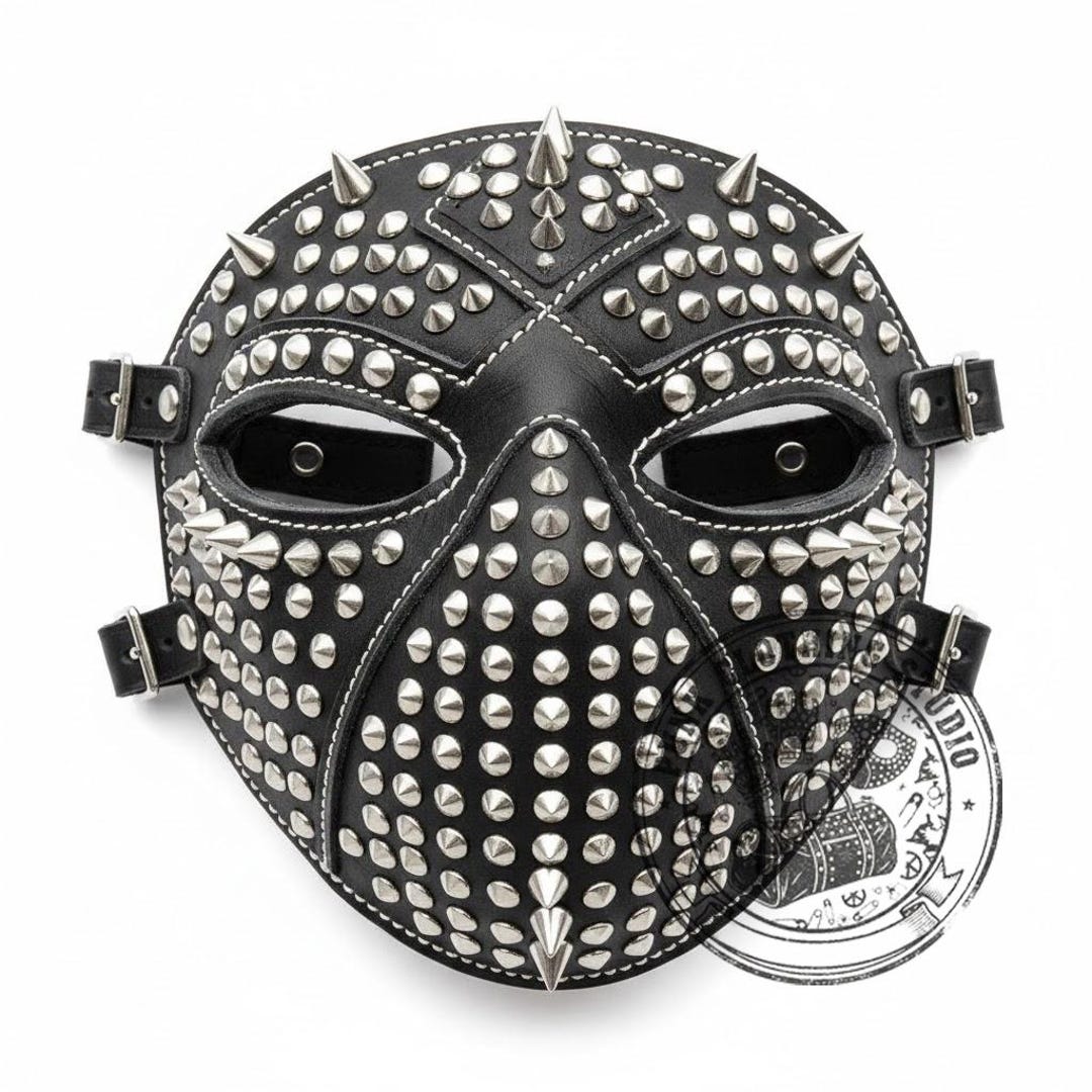 Custom Mask in Black Calf Leather, Silver Spikes Handmade Face Cover ...