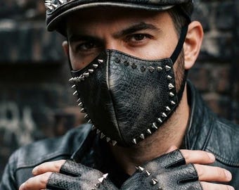 Alternative Fashion Studded Leather Cap Mask And Gloves Set Street wear Outfit Accessories