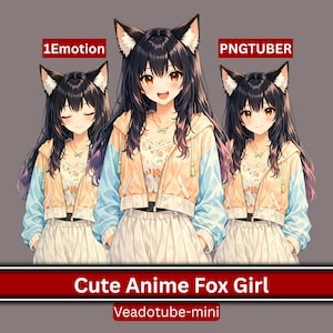 May include: Three anime-style illustrations of a fox girl with black hair and fox ears. Each girl wears a light orange jacket over a floral top and white skirt. The text "1Emotion" and "PNGTUBER" are visible. The bottom banner reads "Cute Anime Fox Girl" and "Veadotube-mini".