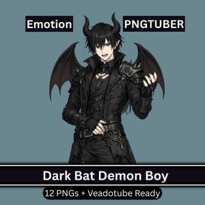 Puede incluir: Ilustración digital de un personaje de pelo oscuro con cuernos, alas de murciélago y un atuendo negro. La imagen incluye el texto "Emotion" y "PNGTUBER" en la parte superior, y "Dark Bat Demon Boy" y "12 PNGs + Veadotube Ready" en la parte inferior.