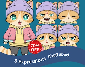 Cat PNGTuber / 5 expresiones, listas para usar (archivo de configuración de Veado Mini)