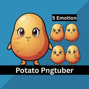 Pode incluir: Ilustração de um personagem de desenho animado de batata com olhos grandes e uma expressão sorridente. A imagem inclui quatro batatas menores mostrando diferentes emoções, com o texto "5 Emotion" e "Potato Pngtuber". Fundo azul.