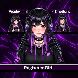 Könnte beinhalten: Digitale Illustration eines Pngtuber Girls mit schwarzen Haaren und lila Highlights, das einen schwarzen Kapuzenpullover und ein Headset trägt. Das Bild enthält den Text "Veado-mini" und "4 Emotions". Der Hintergrund ist dunkelviolett mit digitalen Designelementen.