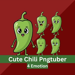 May include: A cartoon illustration of five green chili peppers with different facial expressions. The text "Cute Chili PngTuber" and "4 Emotion" are displayed on a green banner at the bottom. The background is a dark red.