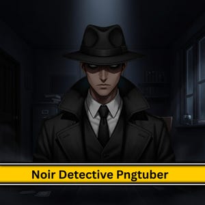 Puede incluir: Ilustración de un personaje de detective noir con un sombrero fedora negro, abrigo y corbata. El personaje tiene una expresión seria. El texto "Noir Detective Pngtuber" se muestra en una pancarta amarilla en la parte inferior de la imagen.