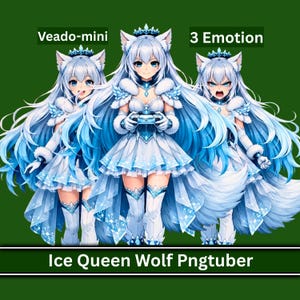 Könnte beinhalten: Digitale Illustration einer Ice Queen Wolf Pngtuber mit drei verschiedenen emotionalen Ausdrücken. Die Figur hat lange, fließende blaue Haare, eine Krone und ein weiß-blaues Kleid. Der Text auf dem Bild lautet "Veado-mini" und "3 Emotion".
