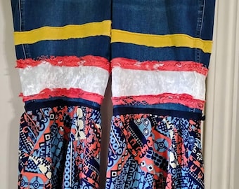 Jean bohème recyclé bleu et orange, taille 14, stretch 35 x 35 po