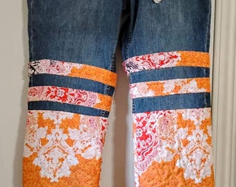 Jean bohème recyclé avec dessus-de-lit matelassé. Taille 16 (taille - 35,5" entrejambe - 32")
