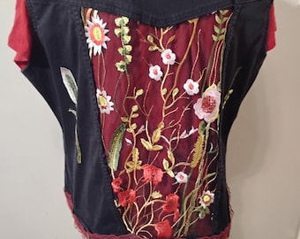 Débardeur en denim noir recyclé avec empiècement floral transparent au dos, taille L