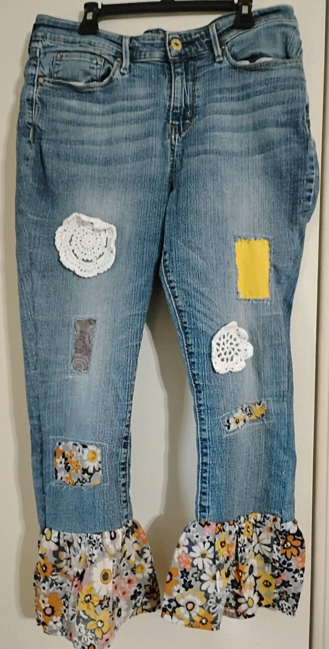 Upcycled Levi Denim Capris With Flower Ruffle. Size 12 Stretch 24 ...