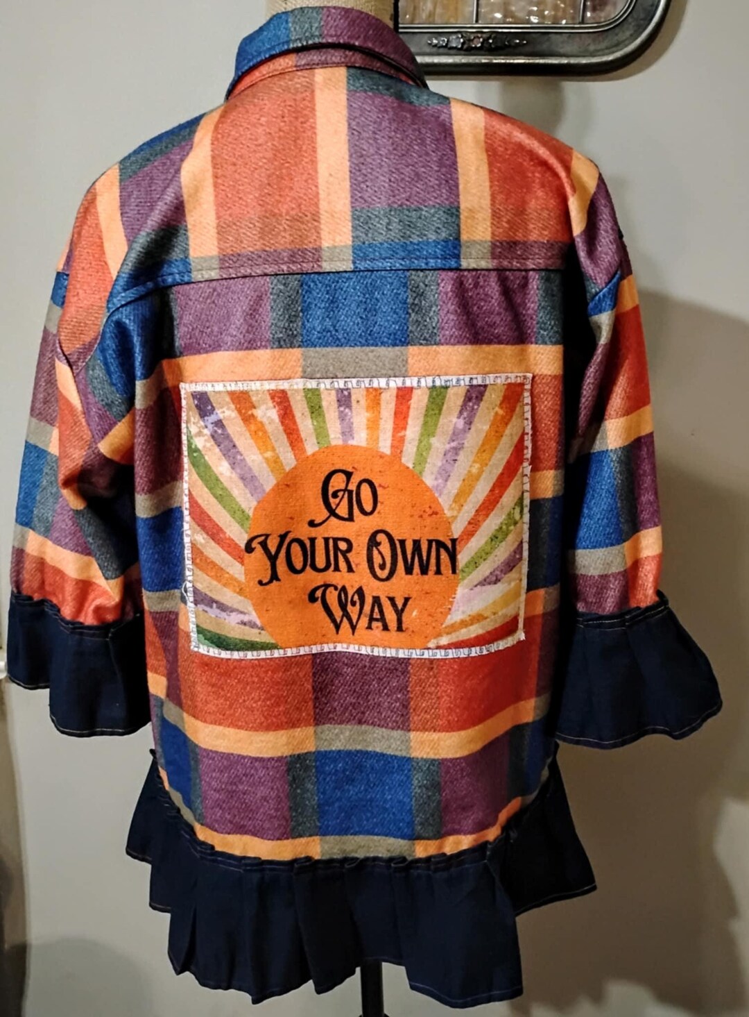 Go Your Own Way Upcycled Bright Plaid Shacket With Denim Trim Size ...