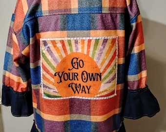 Veste-chemise à carreaux lumineuse recyclée Go Your Own Way avec bordure en jean, taille Moyenne