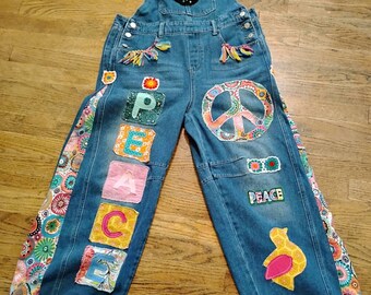 Upcycled "Hippie" Bib overalls - waist - 35", inseam - 25", waist to bottom - 36"