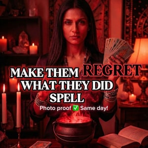 Pode incluir: Uma mulher segurando cartas de tarô, com o texto "MAKE THEM REGRET WHAT THEY DID SPELL". Um caldeirão com chamas, velas e livros abertos estão sobre a mesa. A imagem tem um esquema de cores vermelho e escuro.