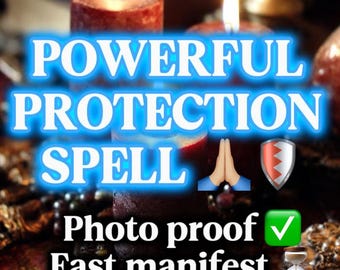 May include: Image of lit candles with the text "POWERFUL PROTECTION SPELL". The image includes a shield and praying hands emoji. Additional text reads "Photo proof" and "Fast manifest Same day!"