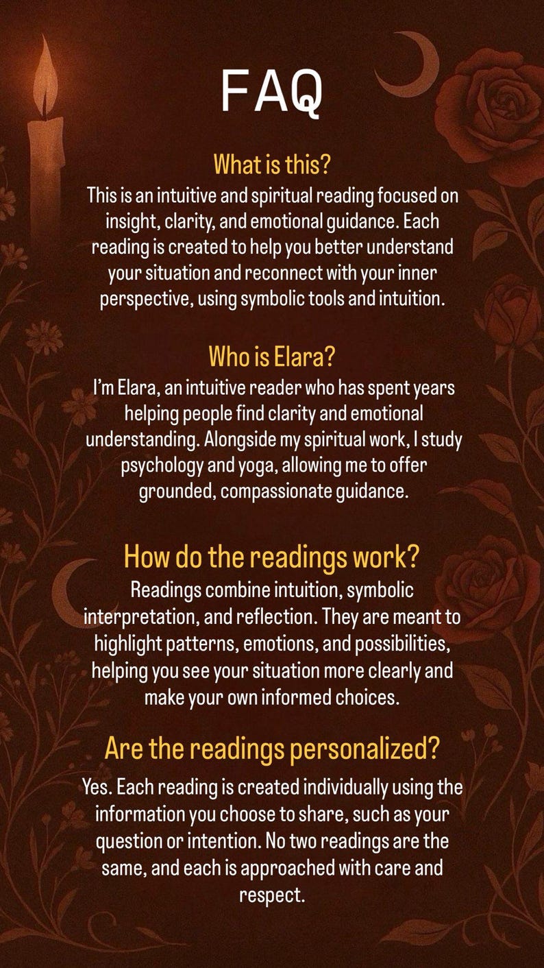 K&ouml;nnte beinhalten: Braune Grafik mit dem Wort "FAQ" in Wei&szlig; oben. Der Text beschreibt intuitive und spirituelle Lesungen, die Leserin Elara und wie die Lesungen funktionieren. Dekorative Elemente sind eine Kerze, Rosen und Halbmonde.