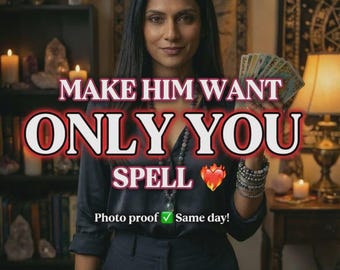 May include: A person with long dark hair wearing a dark button-down shirt and dark trousers, adorned with multiple silver bracelets and a long necklace. They hold a fan of tarot cards. The text reads: MAKE HIM WANT ONLY YOU SPELL. Photo proof Same day!