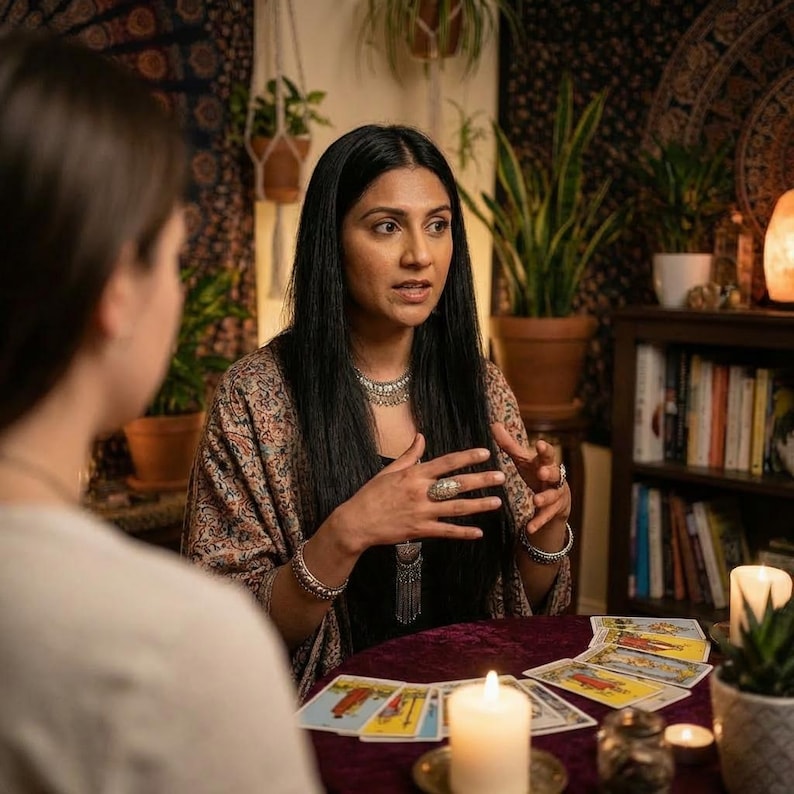 Puede incluir: Una mujer con cabello largo y negro y un chal estampado est&aacute; sentada en una mesa con cartas del tarot, velas y una cliente. La escena est&aacute; iluminada con luz c&aacute;lida, lo que sugiere un entorno espiritual o m&iacute;stico. Una estanter&iacute;a y plantas est&aacute;n en el fondo.