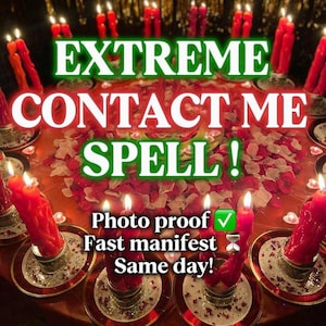 Pode incluir: Uma cena mística com numerosas velas vermelhas acesas em suportes decorativos, dispostas em uma mesa coberta de pétalas de rosa. O texto "EXTREME CONTACT ME SPELL!" é exibido, junto com "Photo proof" e "Fast manifest Same day!"