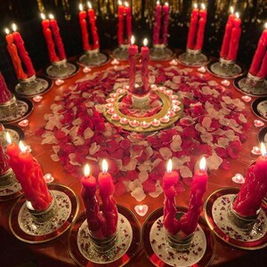 Puede incluir: Un arreglo de mesa circular con numerosos pares de velas c&oacute;nicas rojas en soportes de vidrio, rodeadas de p&eacute;talos de rosa rojos y blancos esparcidos. Peque&ntilde;as velas de t&eacute; en forma de coraz&oacute;n forman un anillo alrededor de un par central.