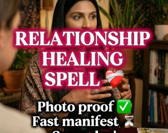 May include: Image featuring a woman with long dark hair, with text that reads "RELATIONSHIP HEALING SPELL". A heart graphic is present. Additional text includes "Photo proof", "Fast manifest", and "Same day!" Tarot cards and a lit candle are in the foreground.