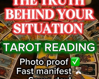 May include: An image featuring three lit candles above a collection of tarot cards. Text overlays read "THE TRUTH BEHIND YOUR SITUATION" and "TAROT READING." Additional text includes "Photo proof," "Fast manifest," and "Same day!"