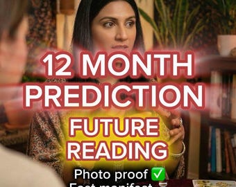 May include: An image of a woman with dark hair, seated at a table with tarot cards and a lit candle. Text overlay reads "12 MONTH PREDICTION FUTURE READING" with additional text: "Photo proof ✓ Fast manifest Same day!"