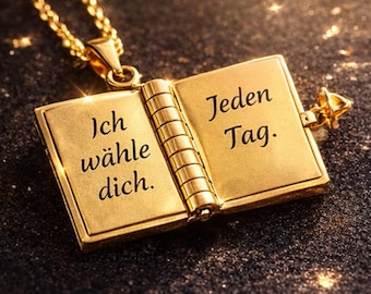 Buch Anhänger graviert - Halskette gold mit Nachricht, Liebesbrief Halskette, Medaillon Halskette, Halskette mit versteckter Nachricht
