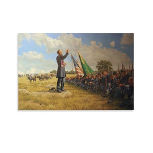 May include: A historical painting depicts a man in a dark coat and scarf addressing a group of soldiers. The American flag and a green flag are visible. Soldiers in blue uniforms sit on the ground. Horses and riders are in the background under a cloudy sky.