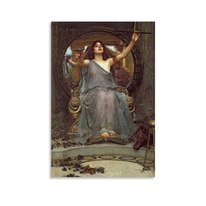 May include: A print of a classical painting depicting a woman in a flowing blue-gray gown seated on a throne. She holds a cup and a wand, with a mirror behind her. The throne has lion head armrests.