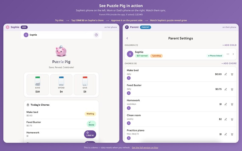 May include: A digital interface for the "Puzzle Pig" app, showcasing a child's and parent's views. The child's screen displays a pink piggy bank icon, chore details, and savings goals. The parent's screen shows chore lists and settings.
