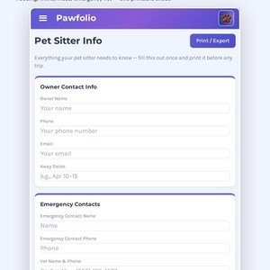May include: A digital pet planner template titled Pawfolio featuring a purple header with a paw print icon. The form includes sections for Pet Sitter Info, Owner Contact Info, and Emergency Contacts with fields for names, phone numbers, and email addresses.