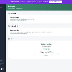 Op de afbeelding: Schermafbeelding van de Budget Tracker app-interface. Het instellingenmenu van de app wordt weergegeven, met opties voor valutasymbool en budgetcyclus. De naam en versie van de app zijn ook zichtbaar.