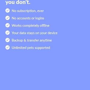 May include: A light blue digital pet planner graphic titled Pawfolio by CleartrackApps. It lists features: no subscription, no accounts, works offline, data stays on device, backup and transfer, and unlimited pets. Includes a Find on Etsy button.