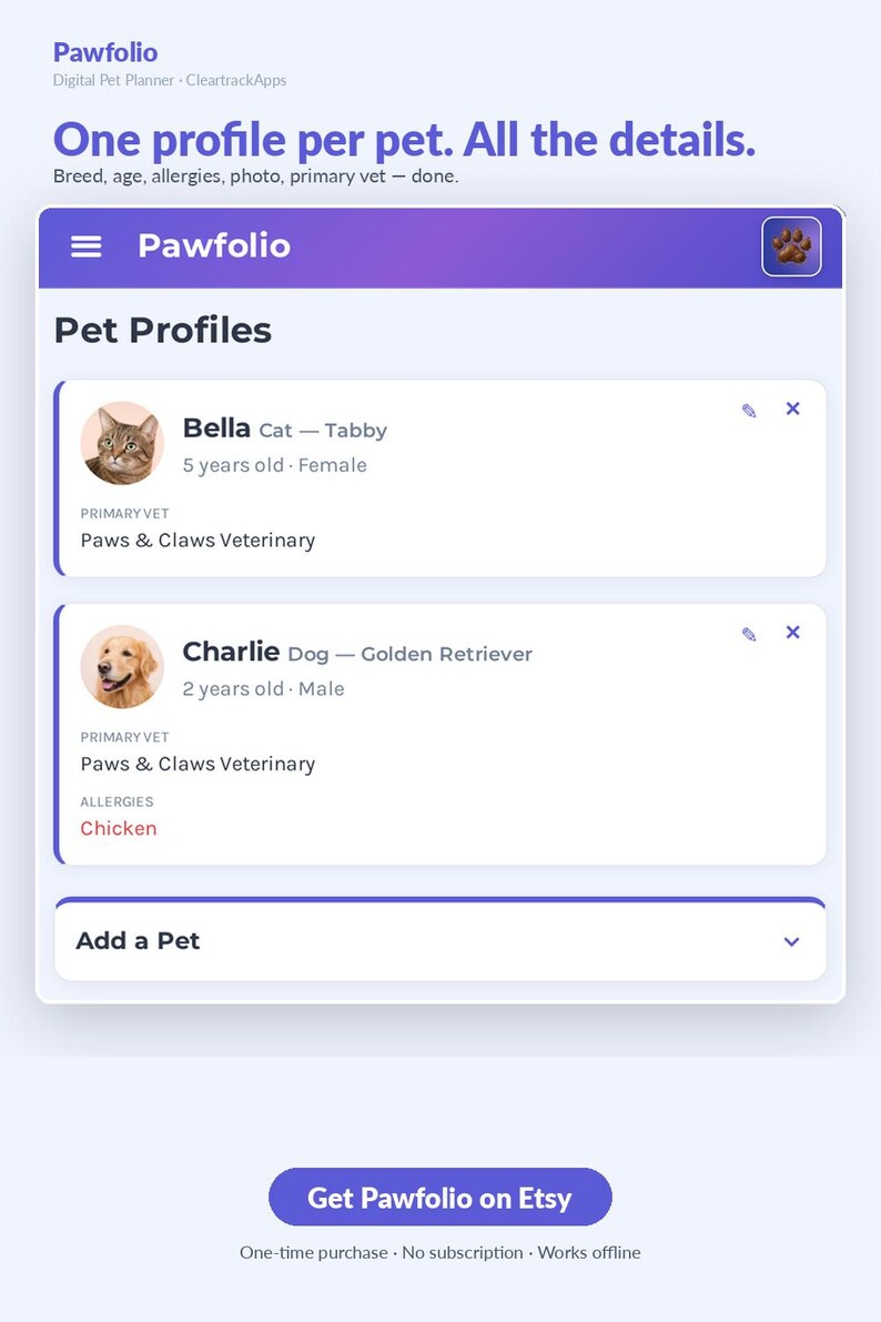 May include: A digital pet planner interface titled Pawfolio displaying pet profiles for Bella, a 5-year-old tabby cat, and Charlie, a 2-year-old golden retriever. The screen includes fields for breed, age, primary vet, and allergies, with an Add a Pet button.