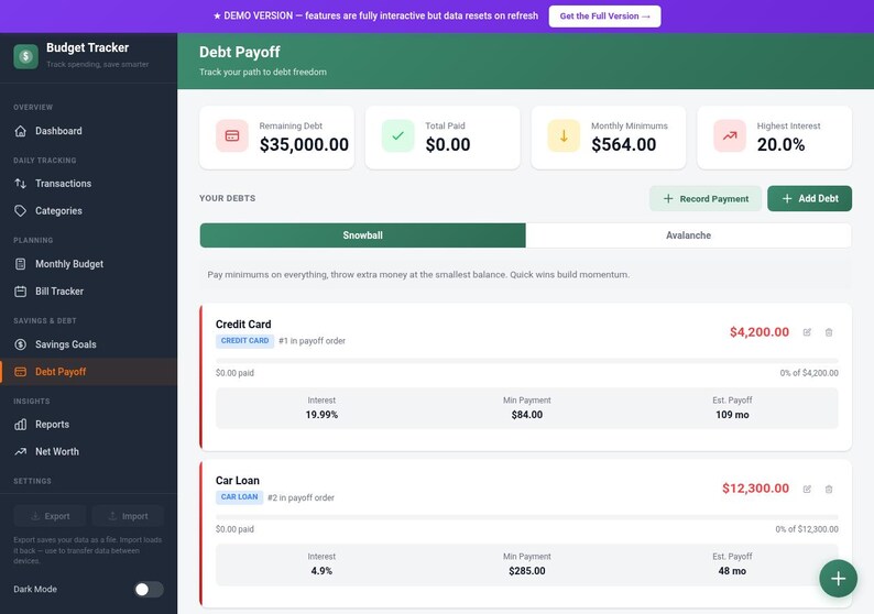 Op de afbeelding: Een digitale interface voor een budgettracker, met informatie over schuldaflossing. Het scherm toont de resterende schuld, het totaal betaald, maandelijkse minima en de hoogste rente. Inclusief secties voor creditcard- en autoleningdetails.