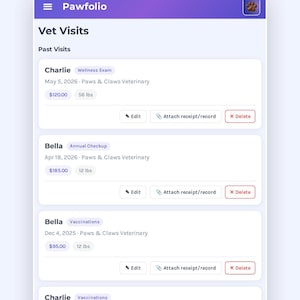 May include: A digital pet planner interface titled Pawfolio displaying a list of vet visits for pets named Charlie and Bella. The screen shows visit dates, clinic names, costs in dollars, weights in lbs, and buttons to edit, attach, or delete records.