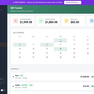 Op de afbeelding: Een digitale interface voor het volgen van facturen met een donker thema. De interface toont maandelijkse facturen, betaalde bedragen en resterende saldi. Een kalender markeert vervaldatums. De interface bevat opties om facturen toe te voegen en uitgaven bij te houden.