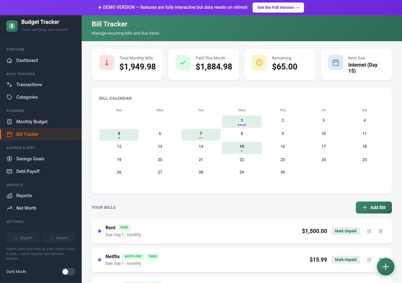 Op de afbeelding: Een digitale interface voor het volgen van facturen met een donker thema. De interface toont maandelijkse facturen, betaalde bedragen en resterende saldi. Een kalender markeert vervaldatums. De interface bevat opties om facturen toe te voegen en uitgaven bij te houden.