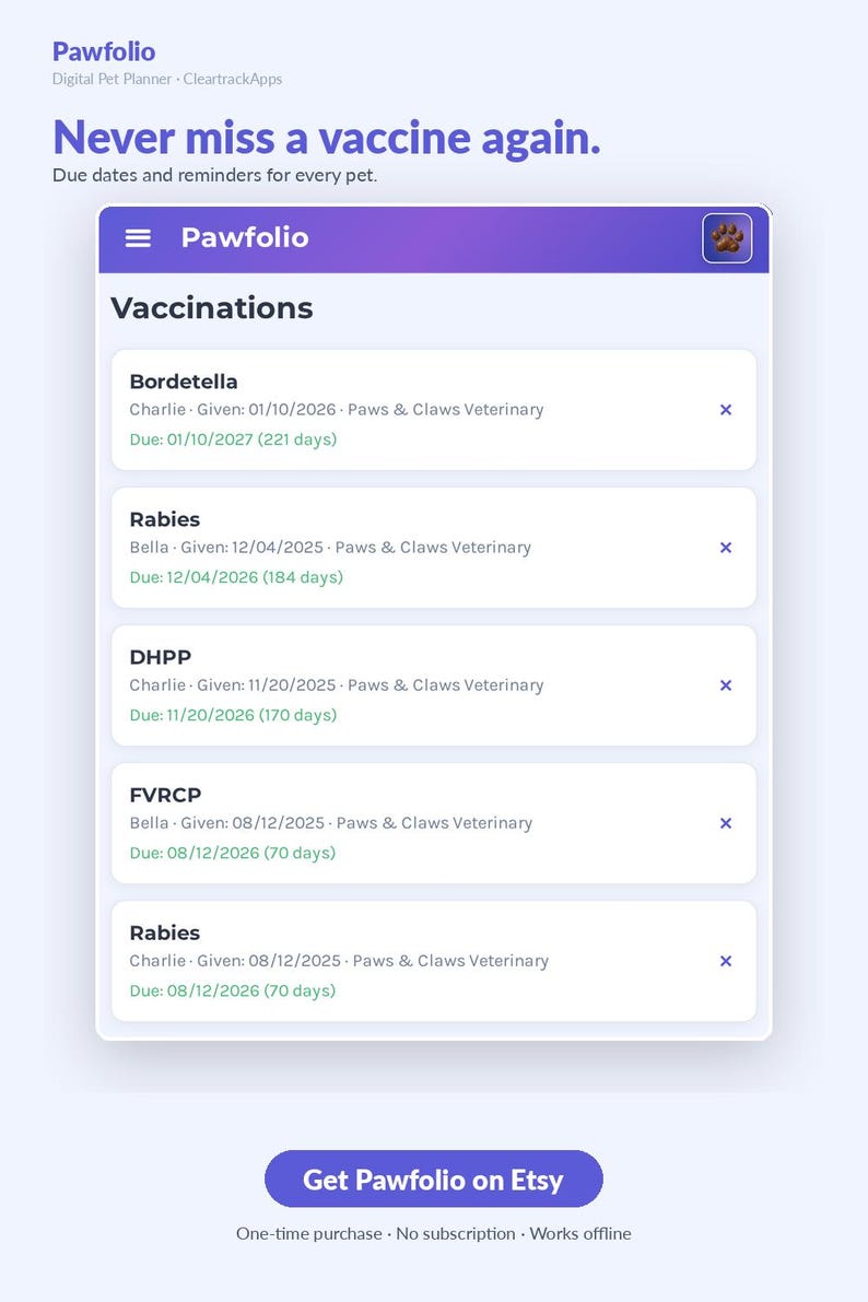 May include: A digital pet planner interface titled Pawfolio displaying a list of pet vaccinations including Bordetella, Rabies, DHPP, and FVRCP. The screen shows specific dates for when vaccines were given and when they are due for pets named Charlie and Bella.