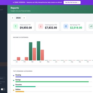 Op de afbeelding: Een digitaal financieel dashboard met een donker thema. De interface toont inkomsten, uitgaven en spaargegevens, inclusief een staafdiagram van inkomsten versus uitgaven. Het bovenste gedeelte toont inkomsten, uitgaven, netto besparingen en spaarrente.